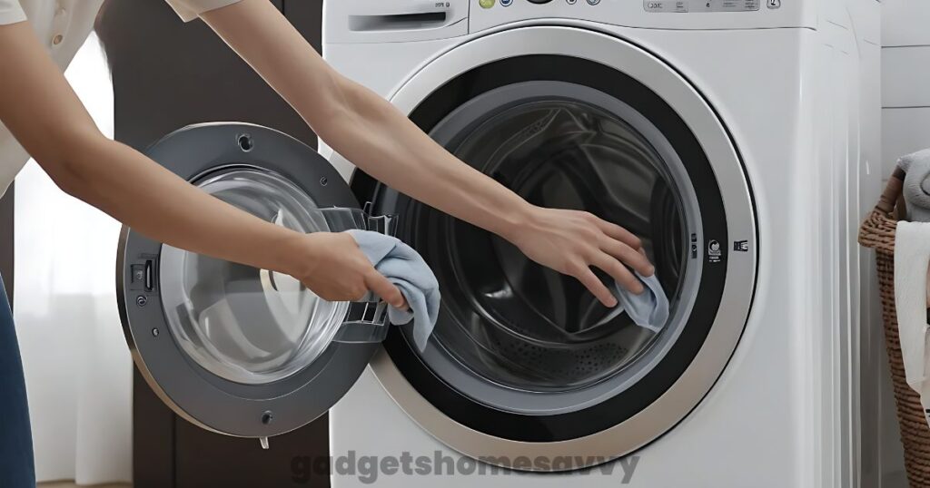 Person rebalancing clothes inside LG front-load washer to fix UE error
gadgethomesavvy