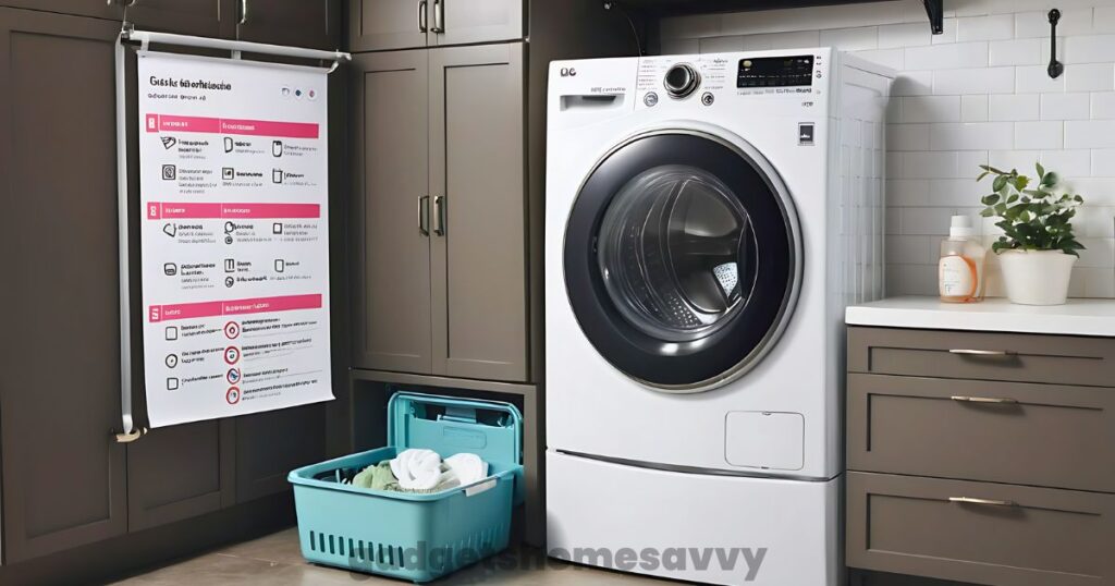 Visual checklist next to LG washer showing maintenance steps to prevent UE error
gadgethomesavvy